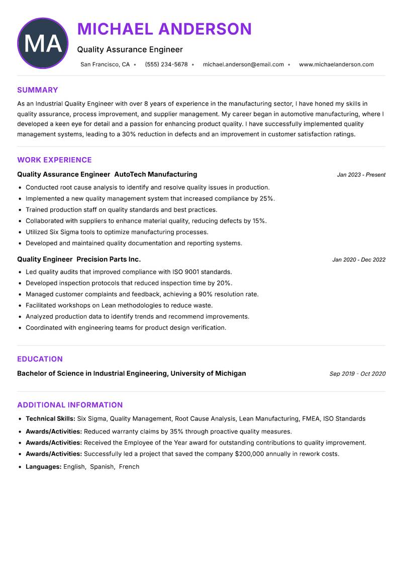 Industrial Quality Engineer Resume Preview Example