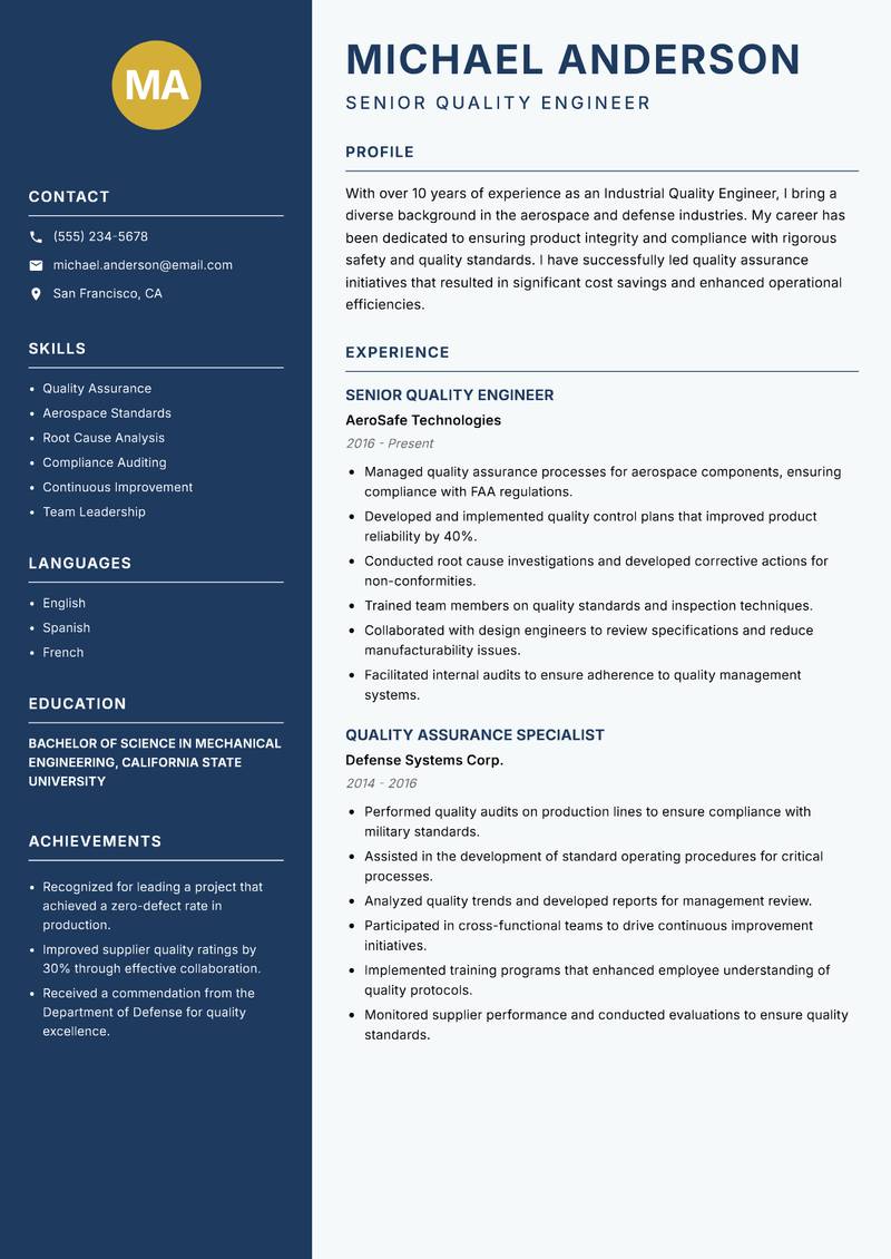 Industrial Quality Engineer Resume Preview Example