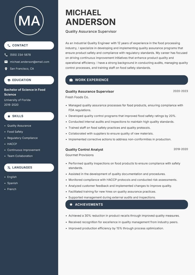 Industrial Quality Engineer Resume Preview Example
