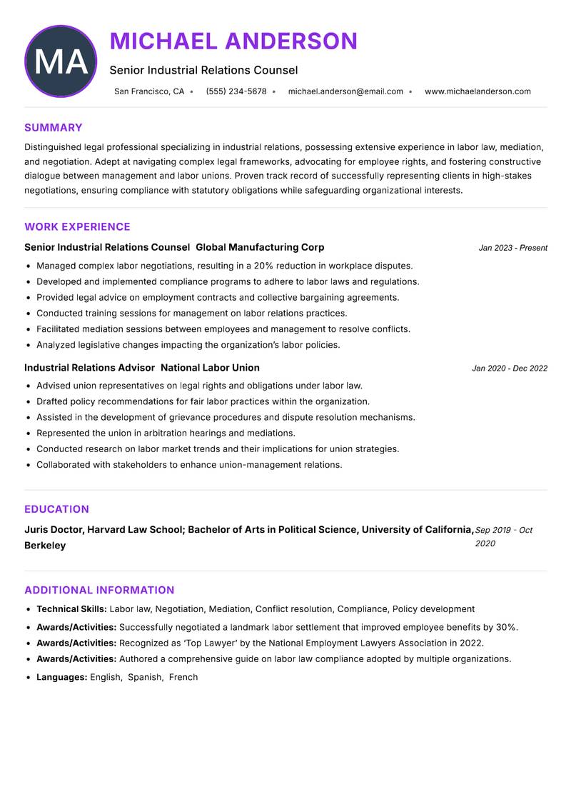 Industrial Relations Lawyer Resume Preview Example