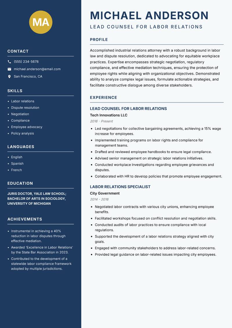 Industrial Relations Lawyer Resume Preview Example