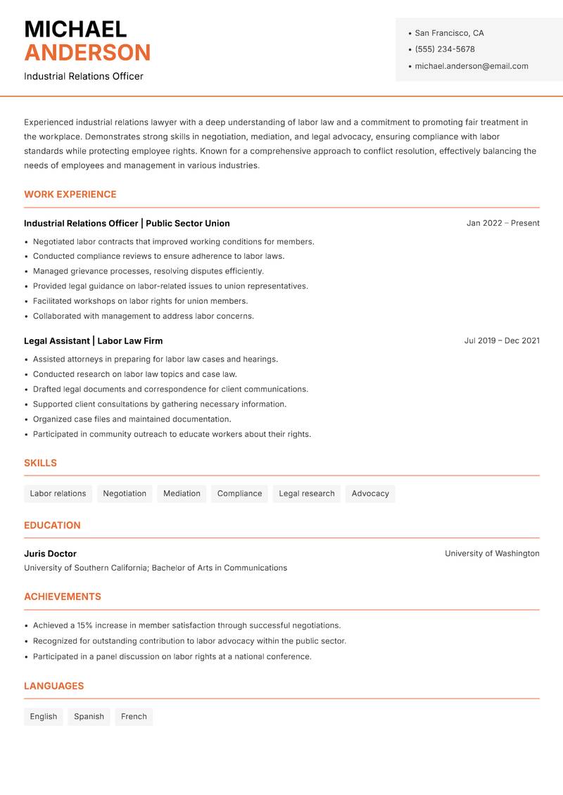 Industrial Relations Lawyer Resume Template