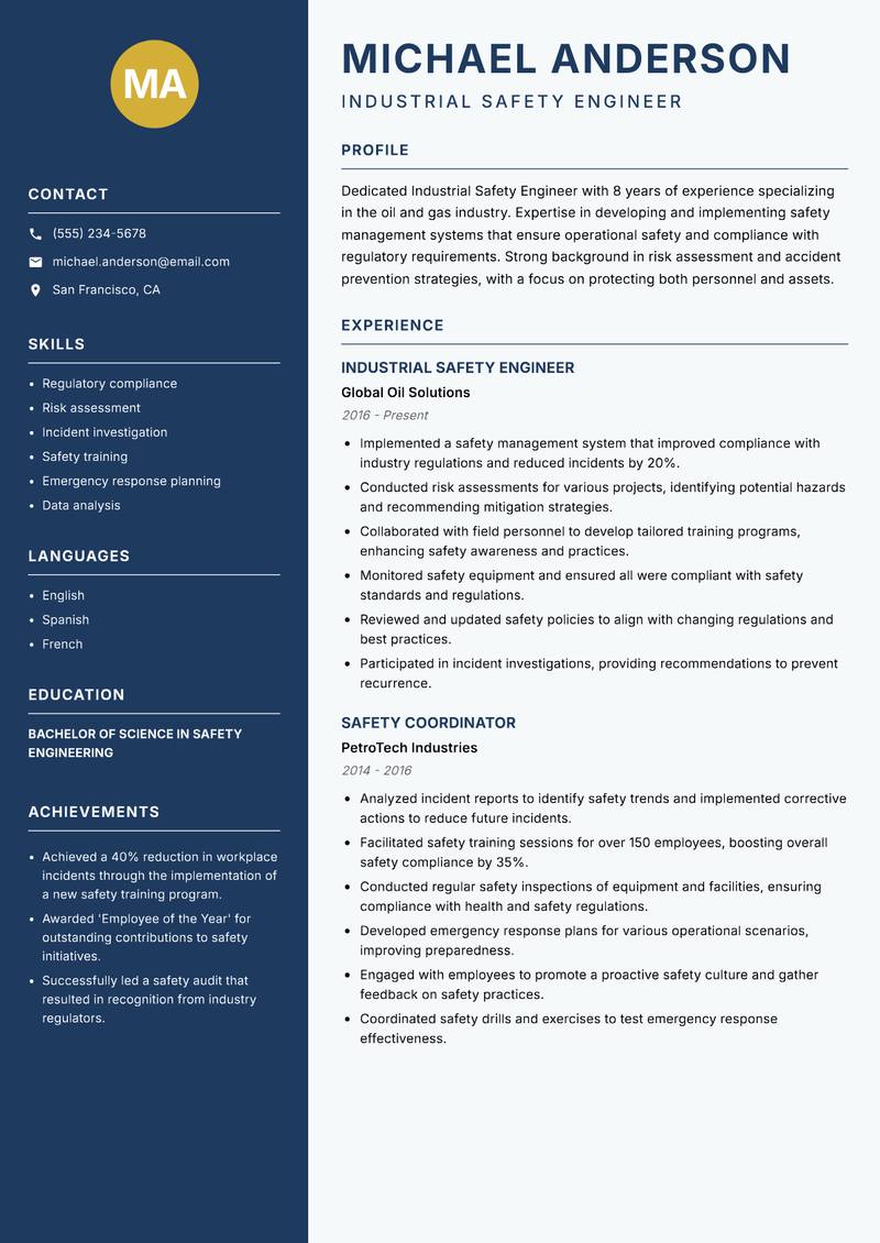 Industrial Safety Engineer Resume Preview Example