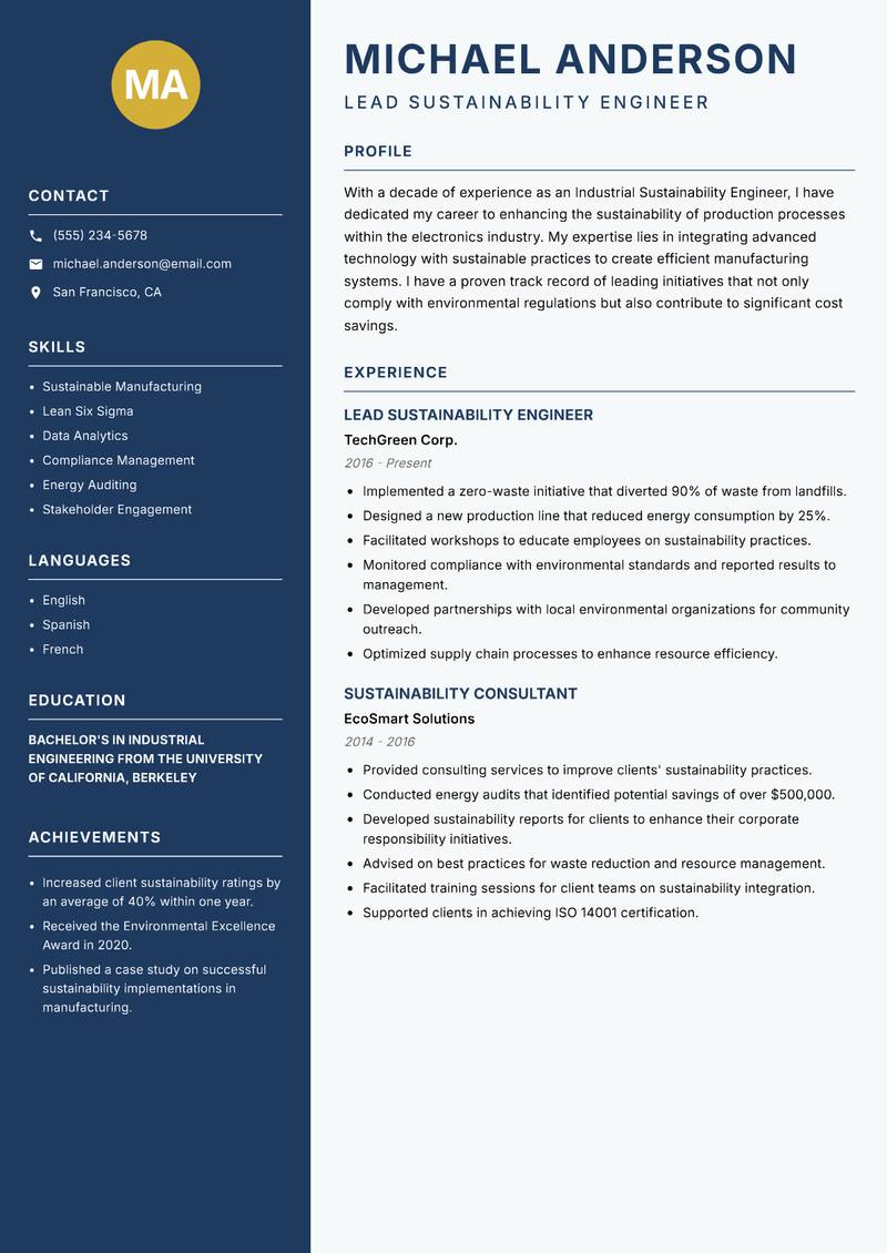Industrial Sustainability Engineer Resume Preview Example