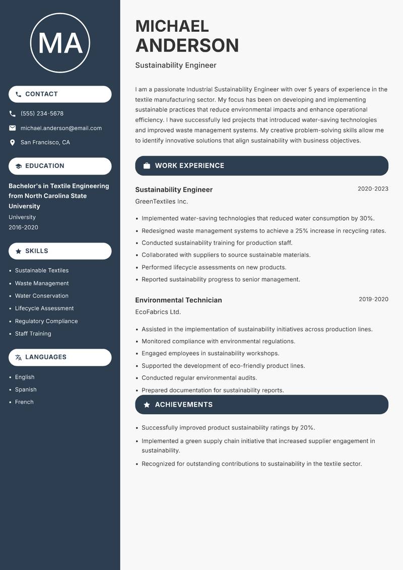 Industrial Sustainability Engineer Resume Preview Example