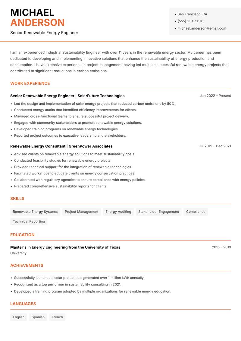 Industrial Sustainability Engineer Resume Template