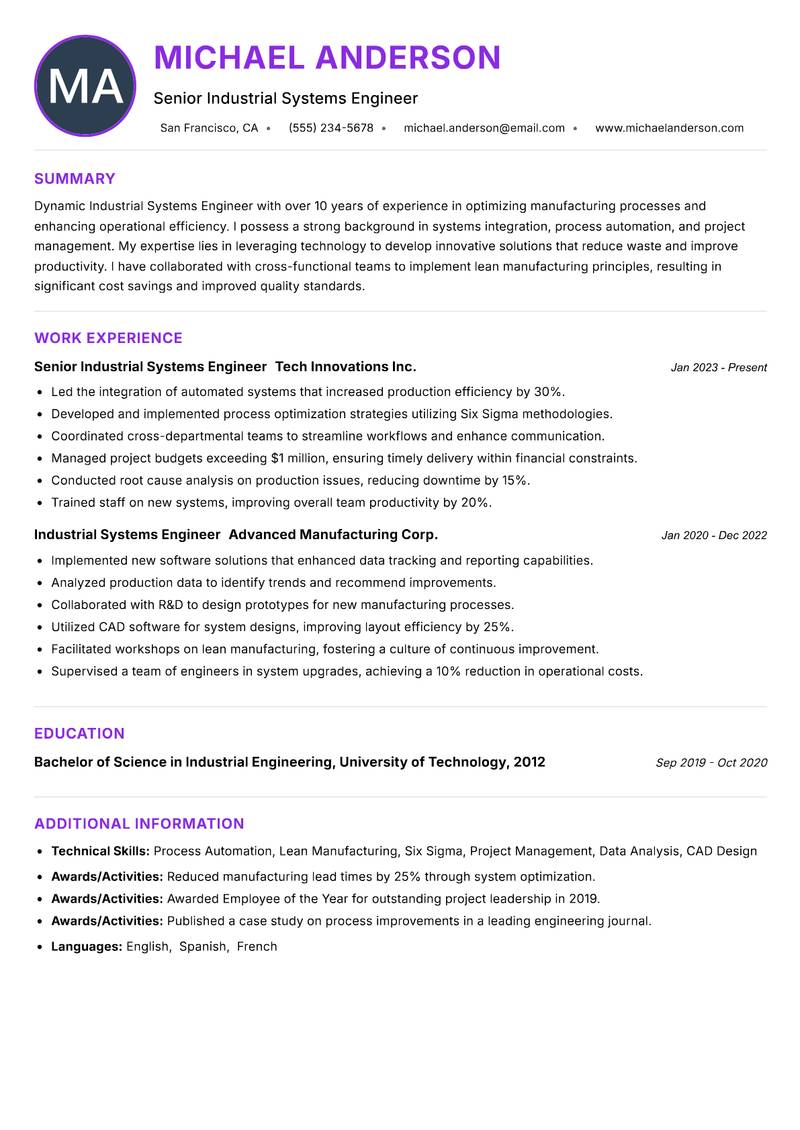 Industrial Systems Engineer Resume Preview Example