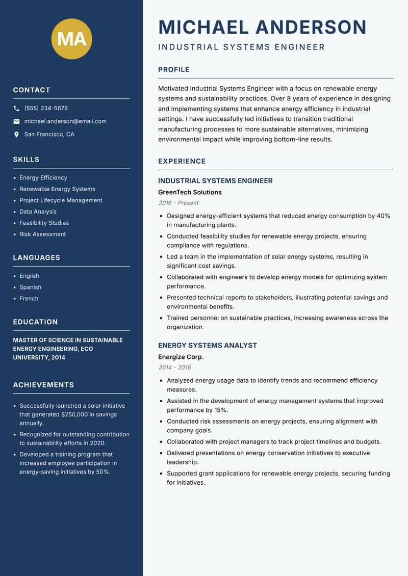 Industrial Systems Engineer Resume Preview Example