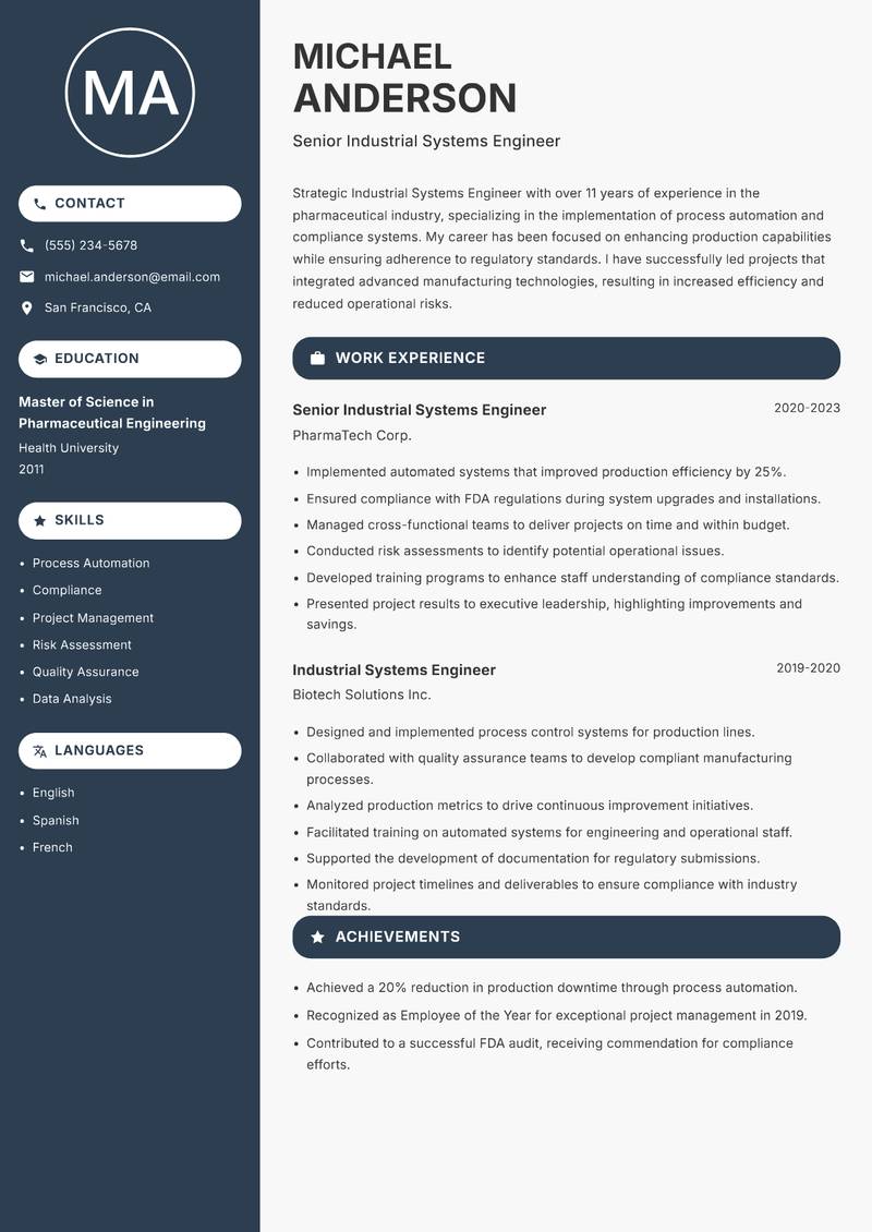 Industrial Systems Engineer Resume Preview Example