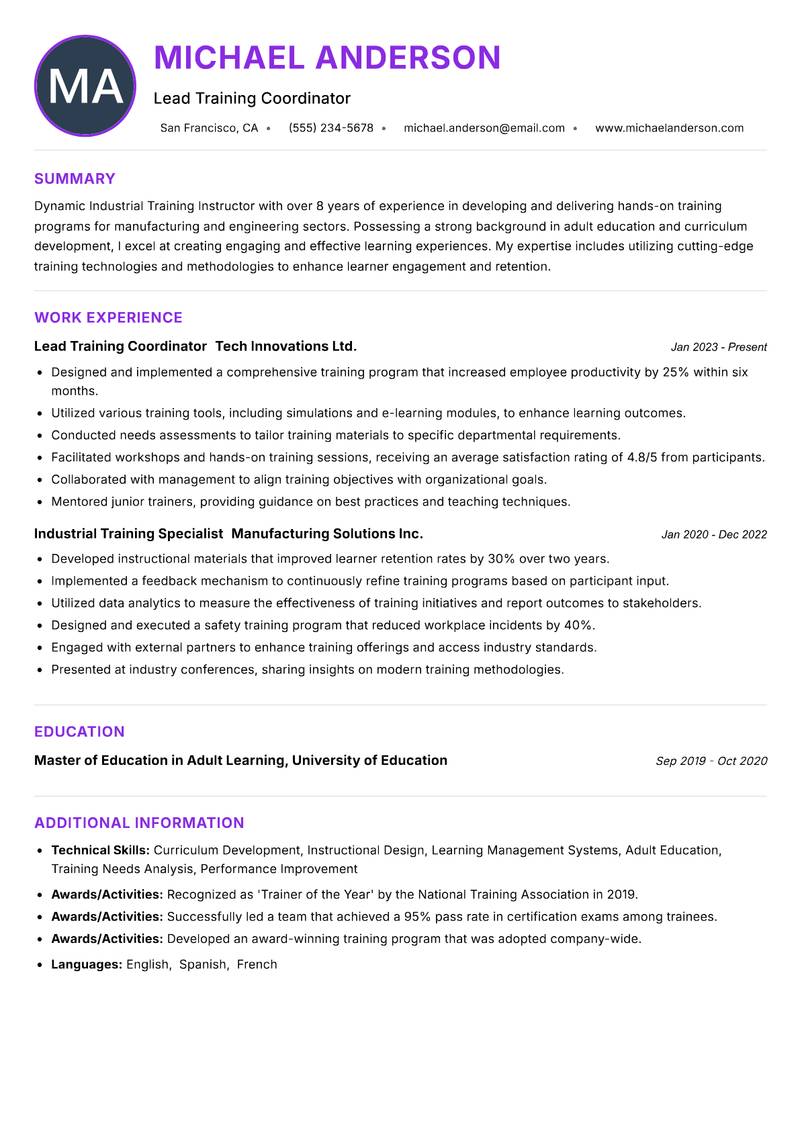 Industrial Training Instructor Resume Preview Example