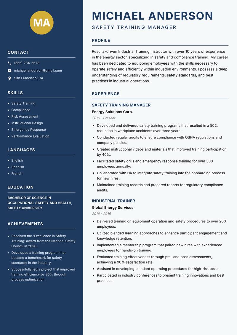 Industrial Training Instructor Resume Preview Example