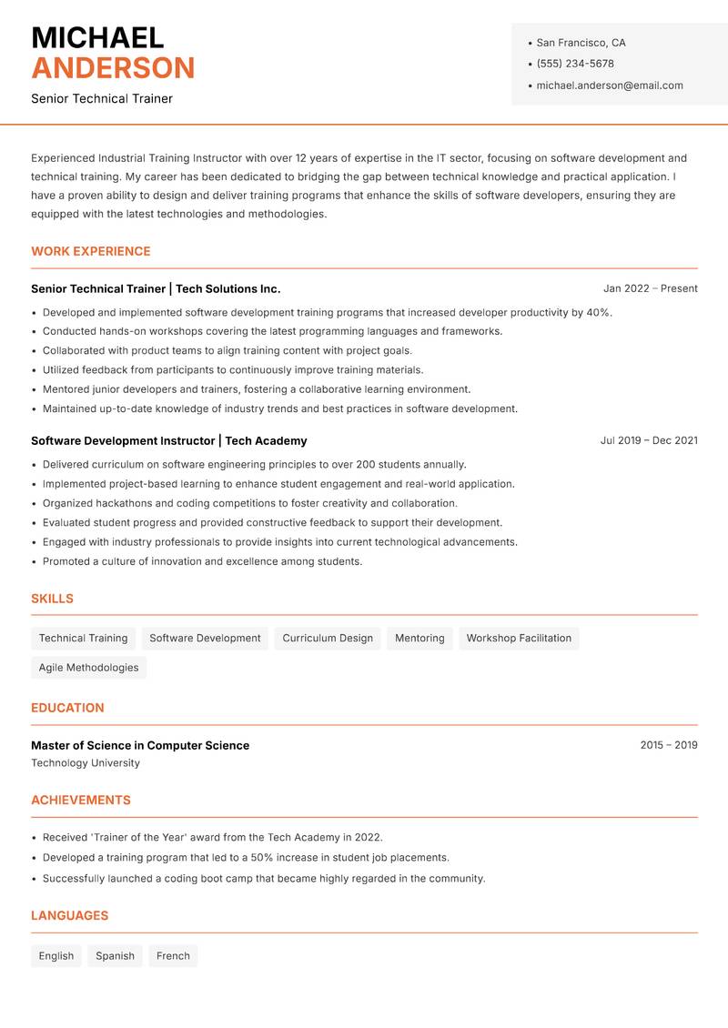 Industrial Training Instructor Resume Template