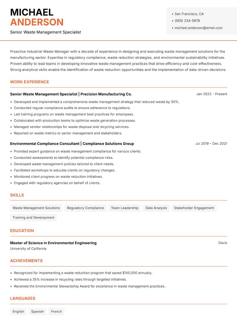 Industrial Waste Manager Resume Template