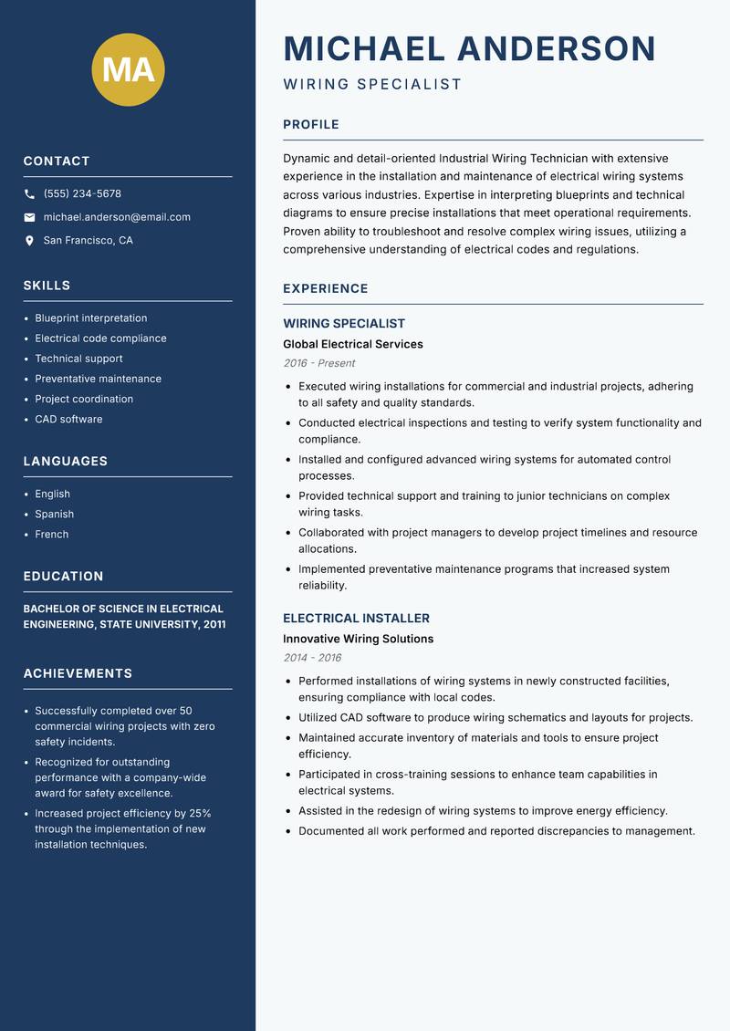 Industrial Wiring Technician Resume Preview Example