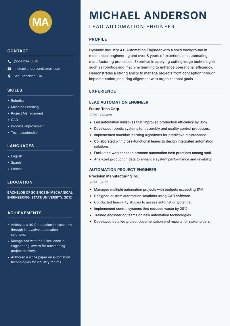 Industry 4.0 Automation Engineer Resume Preview Example
