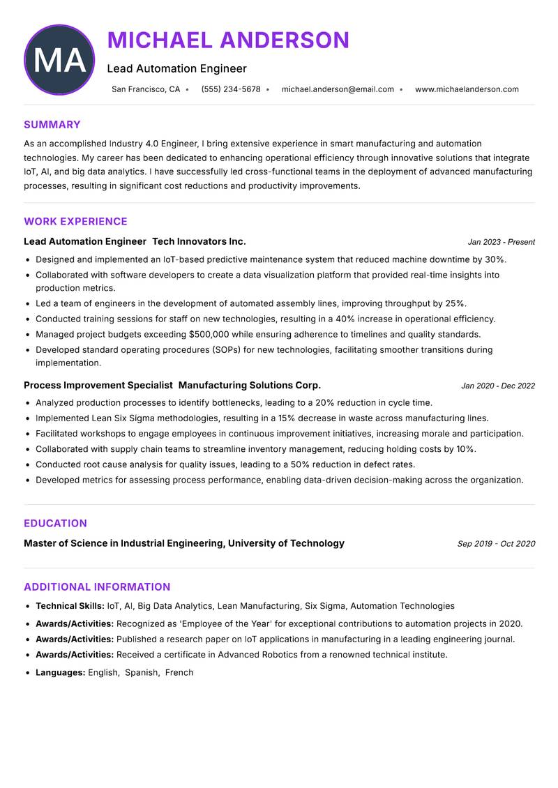 Industry 4.0 Engineer Resume Preview Example