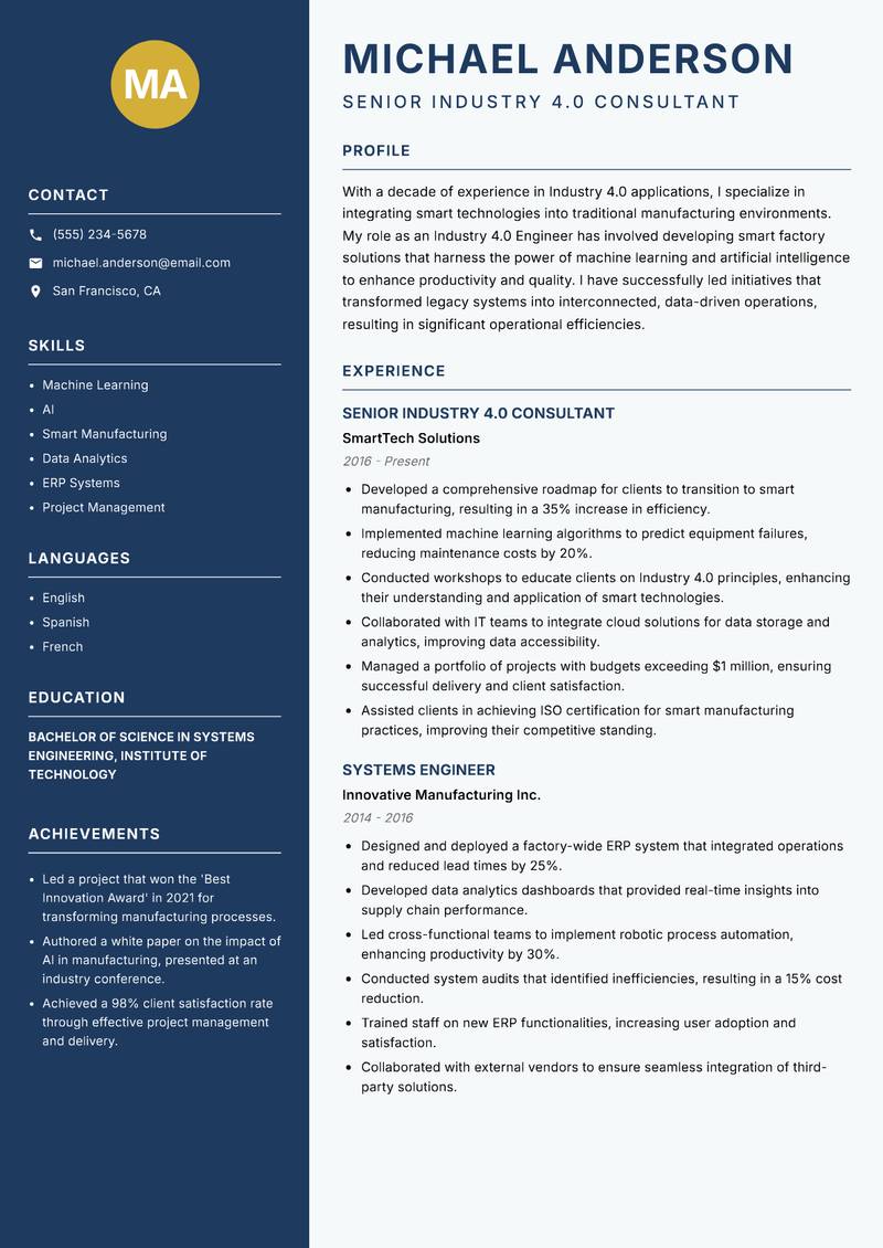 Industry 4.0 Engineer Resume Preview Example