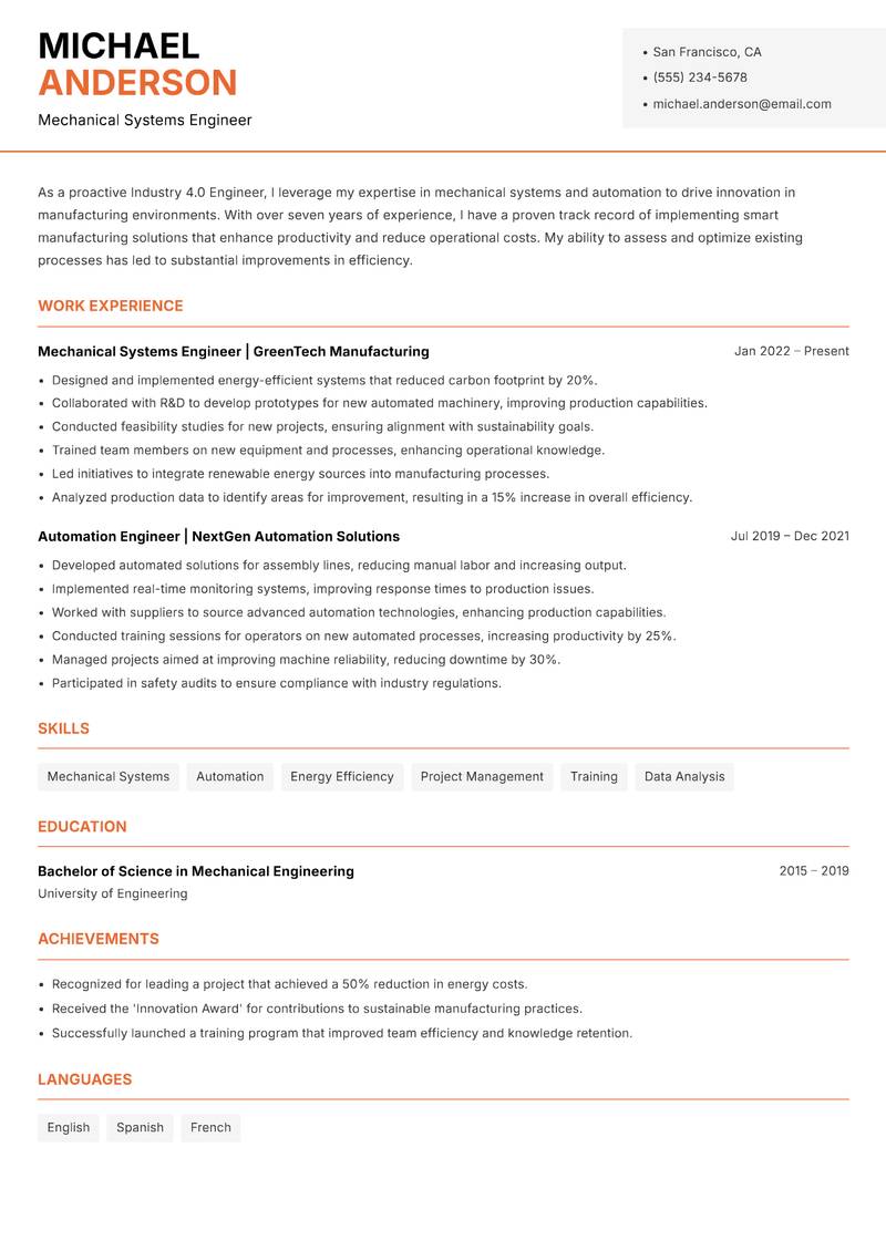 Industry 4.0 Engineer Resume Template