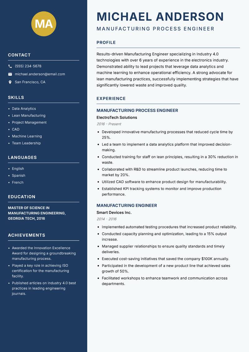 Industry 4.0 Manufacturing Engineer Resume Preview Example