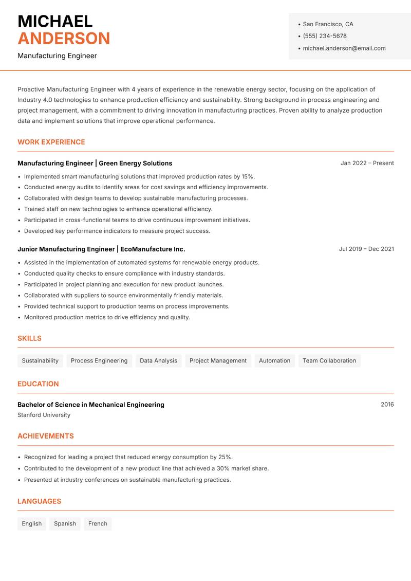 Industry 4.0 Manufacturing Engineer Resume Template