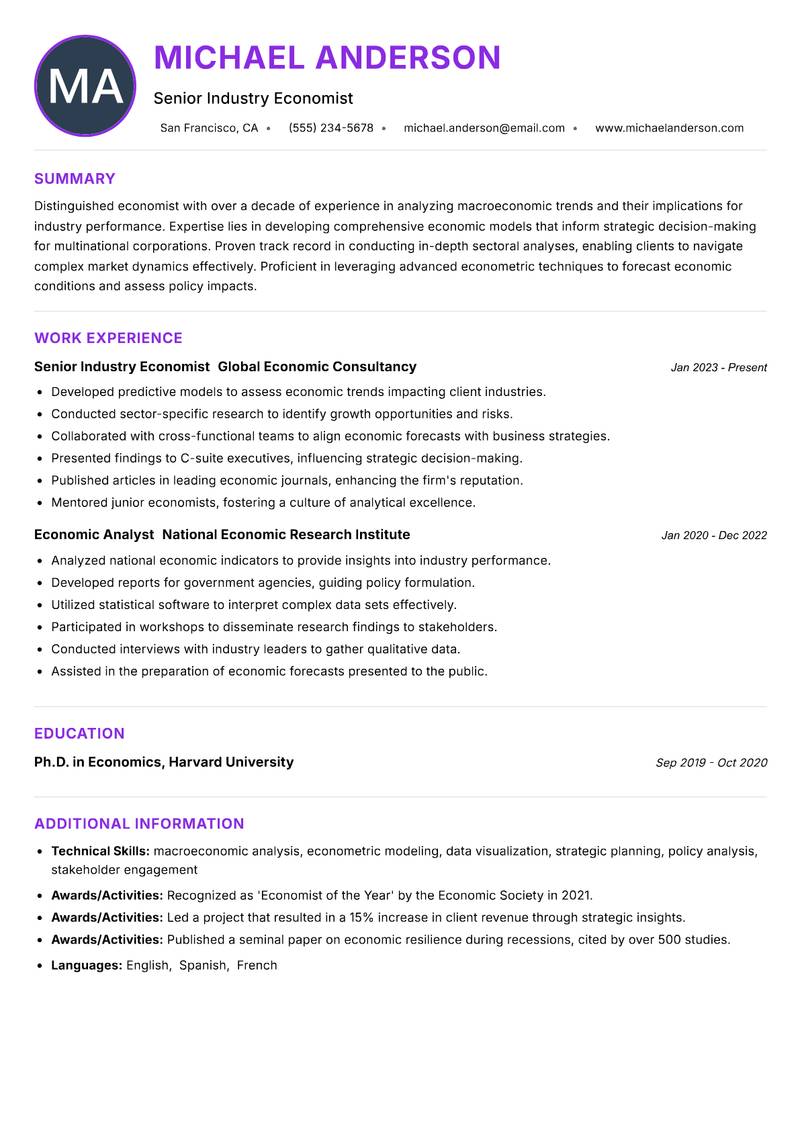 Industry Economist Resume Preview Example