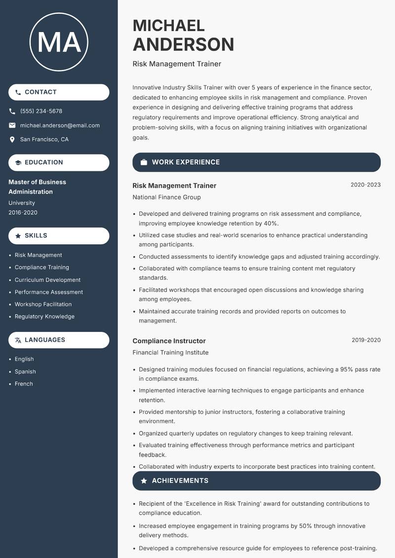 Industry Skills Trainer Resume Preview Example