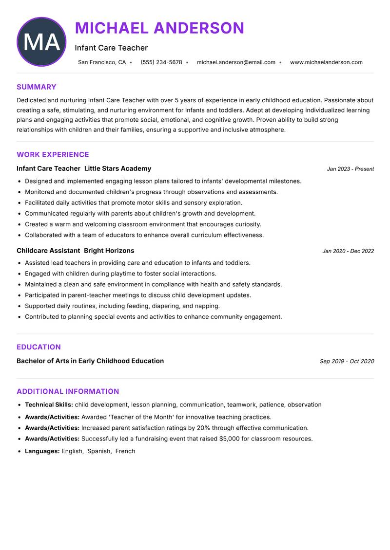 Infant Care Teacher Resume Preview Example