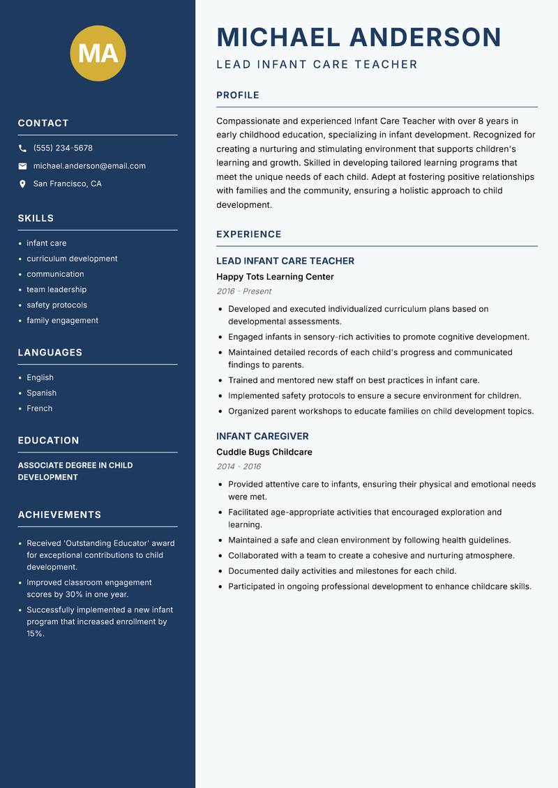 Infant Care Teacher Resume Preview Example