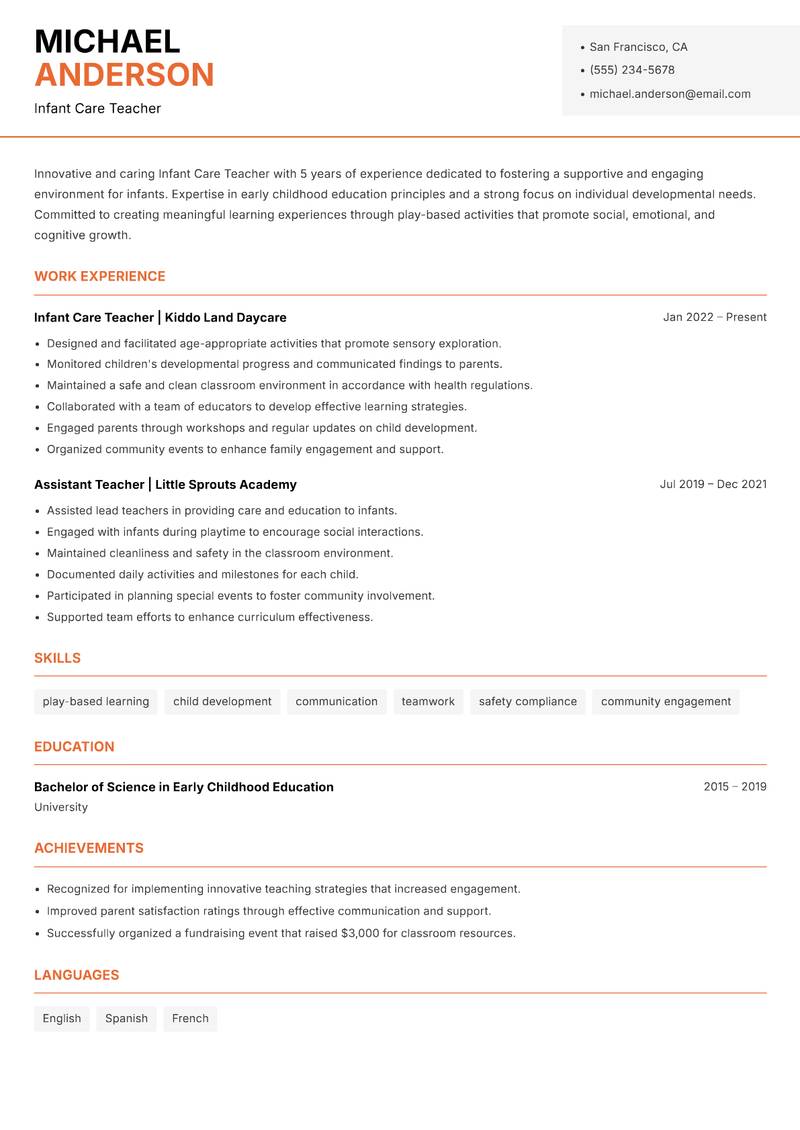Infant Care Teacher Resume Template