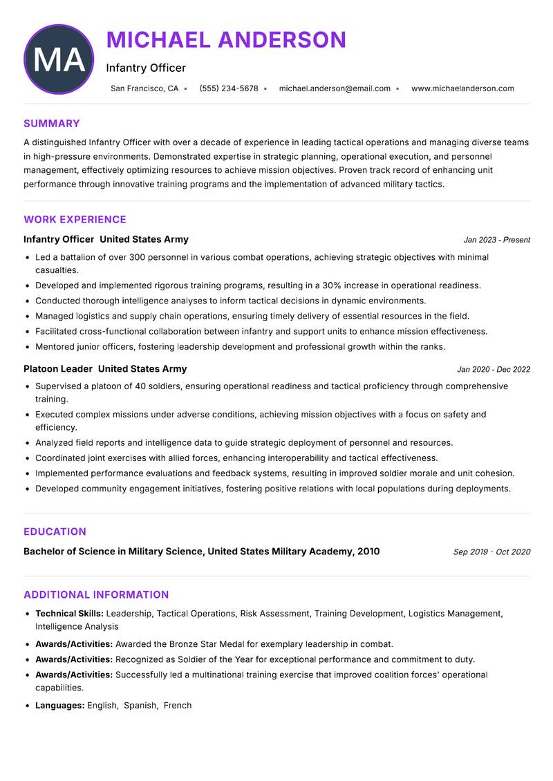 Infantry Officer Resume Preview Example