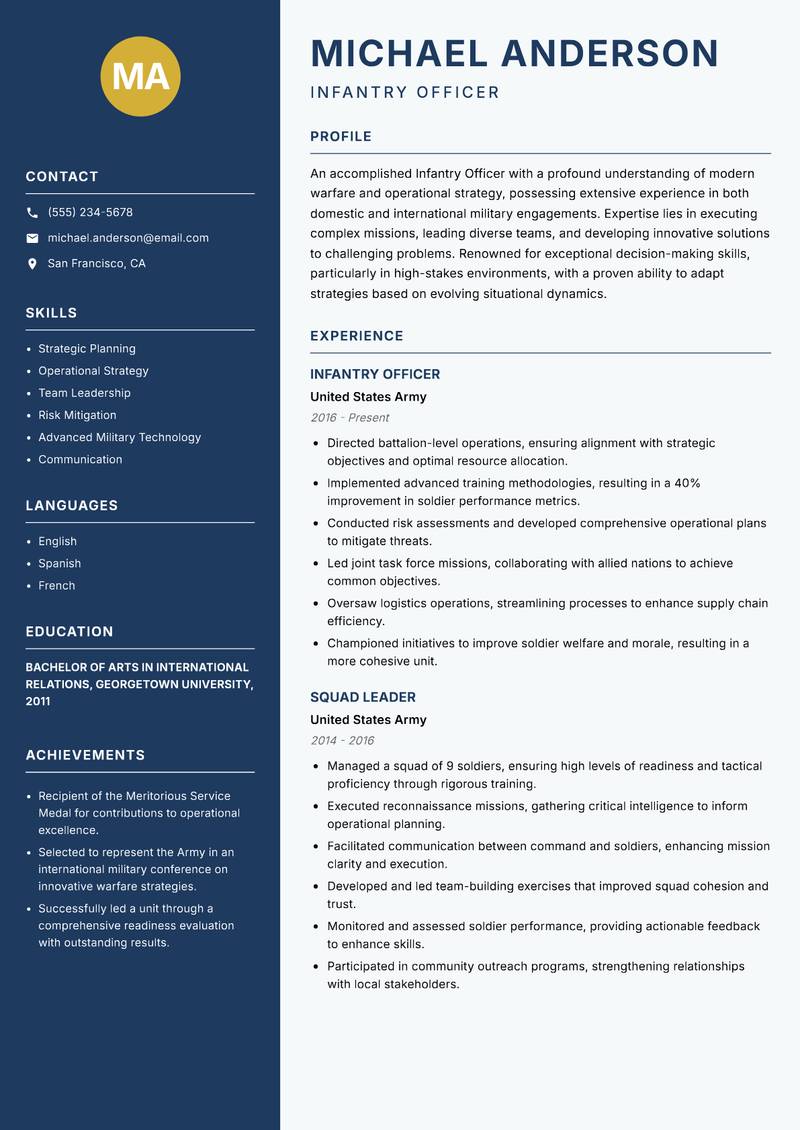 Infantry Officer Resume Preview Example