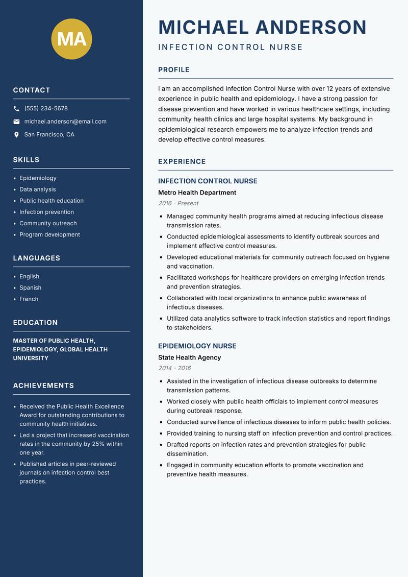 Infection Control Nurse Resume Preview Example