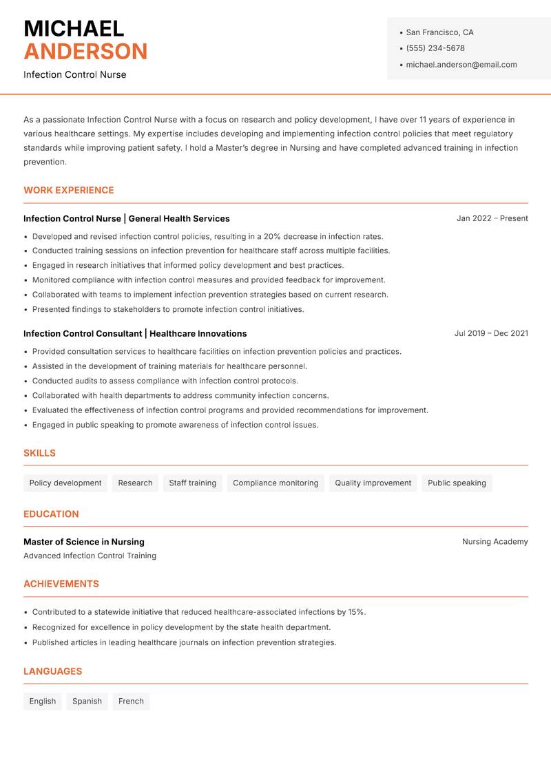 Infection Control Nurse Resume Template