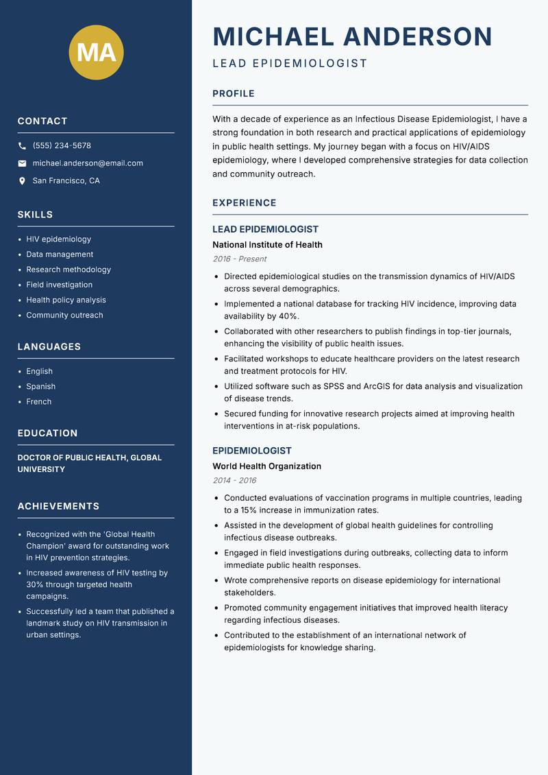 Infectious Disease Epidemiologist Resume Preview Example