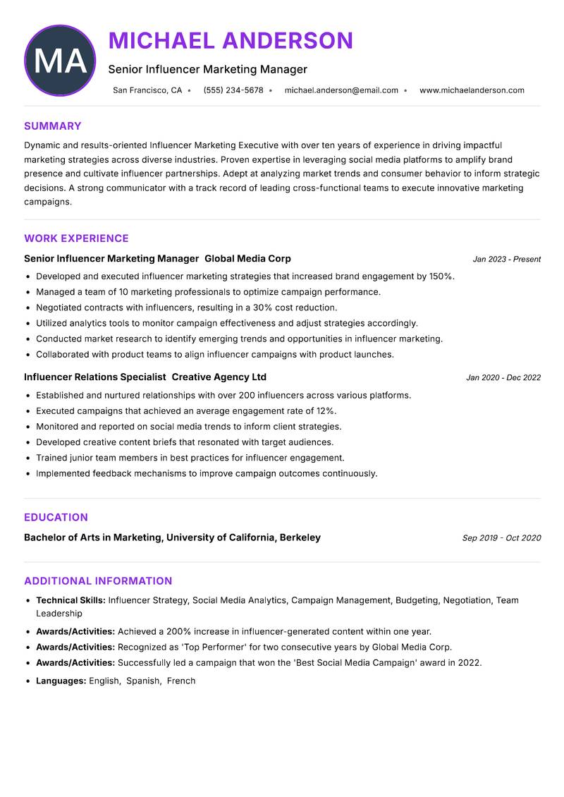 Influencer Marketing Executive Resume Preview Example