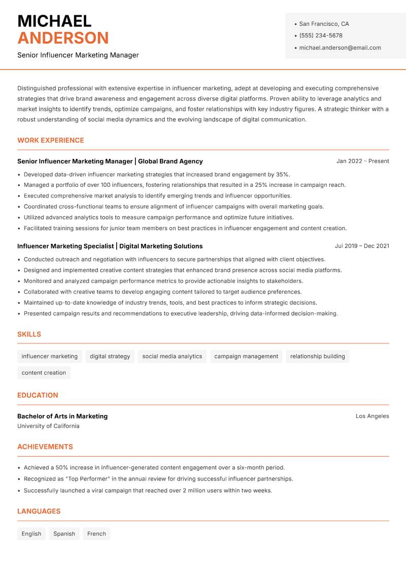 Influencer Marketing Executive Resume Template