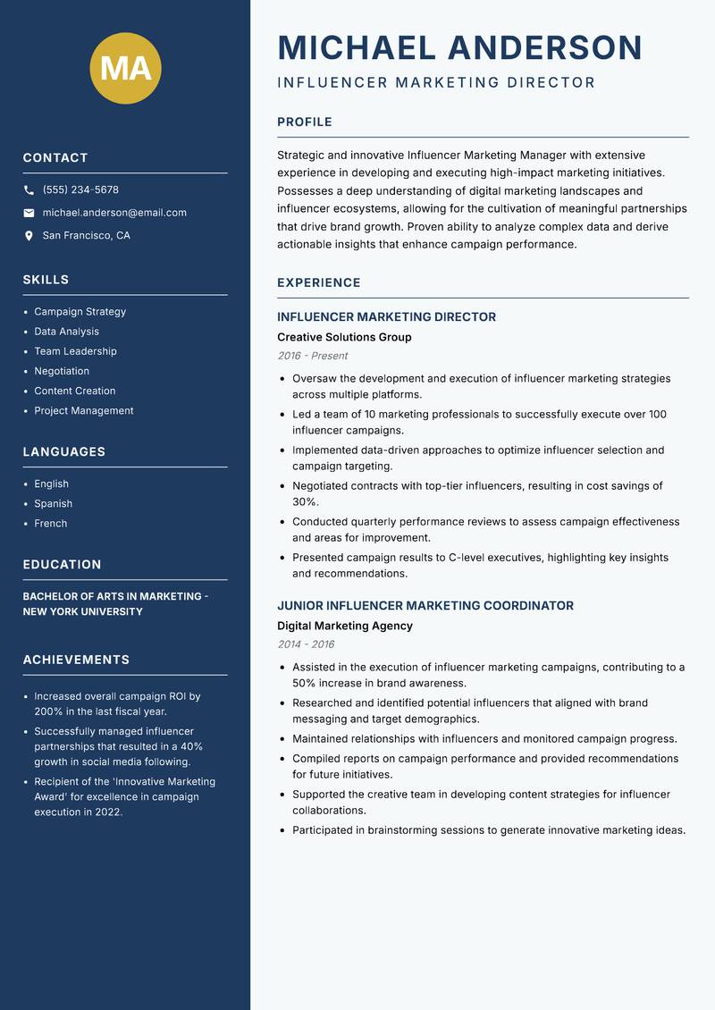 Influencer Marketing Manager Resume Preview Example