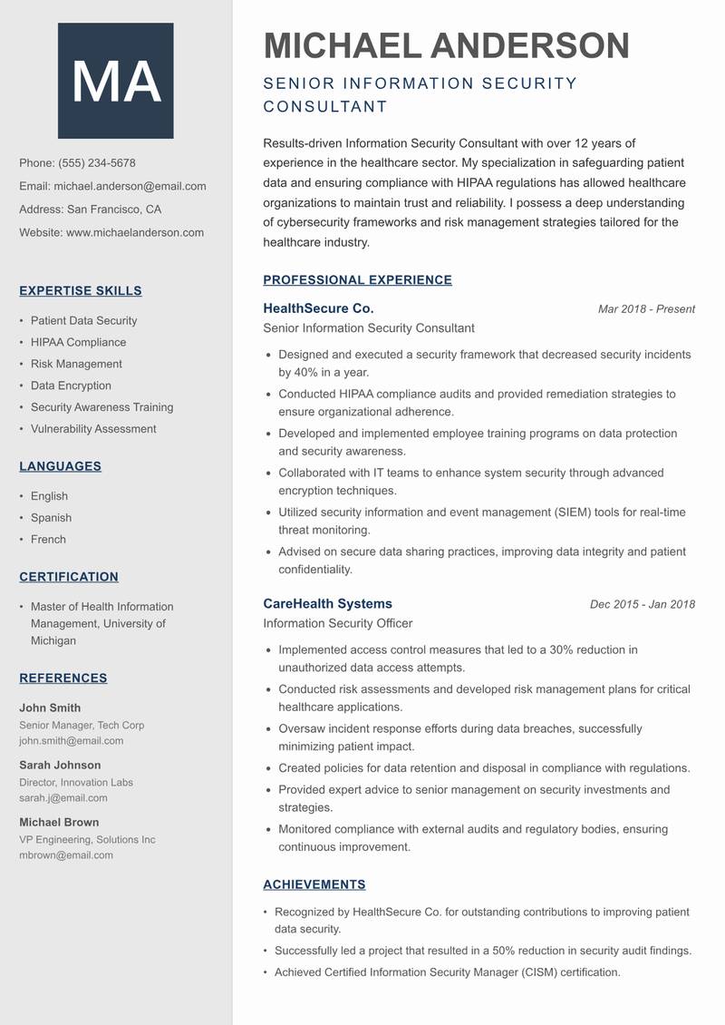 Information Security Consultant Resume Preview Example