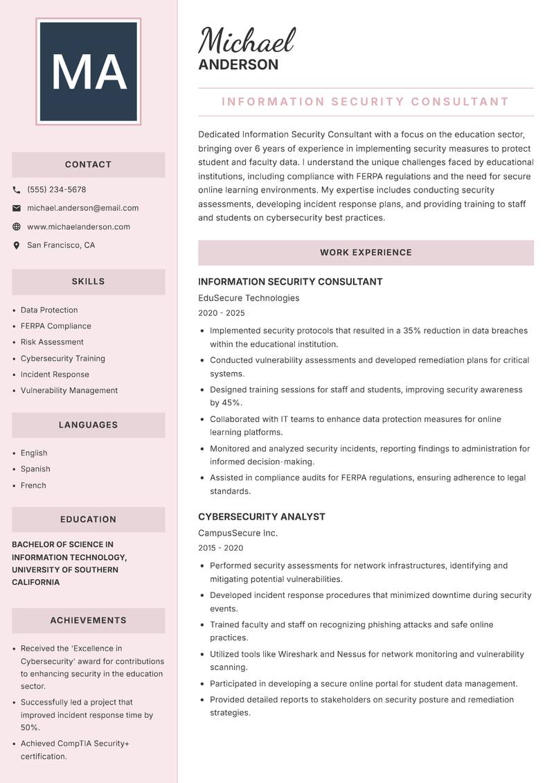 Information Security Consultant Resume Preview Example