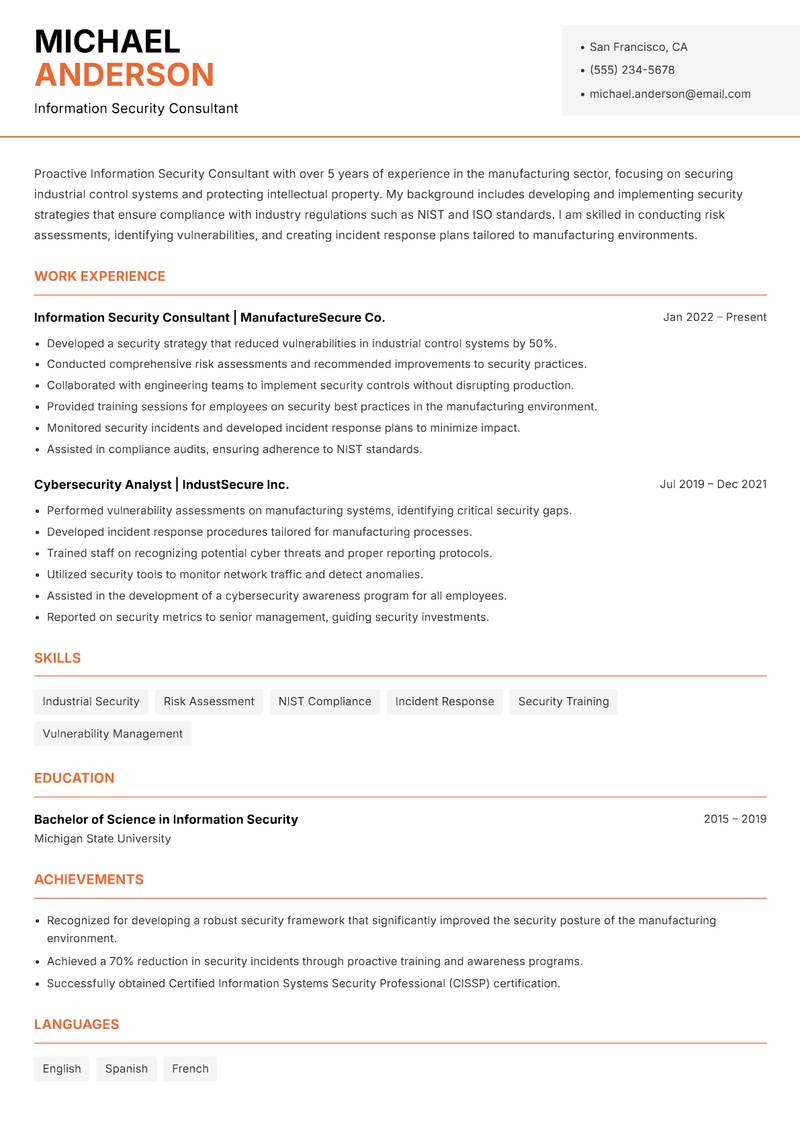 Information Security Consultant Resume Template