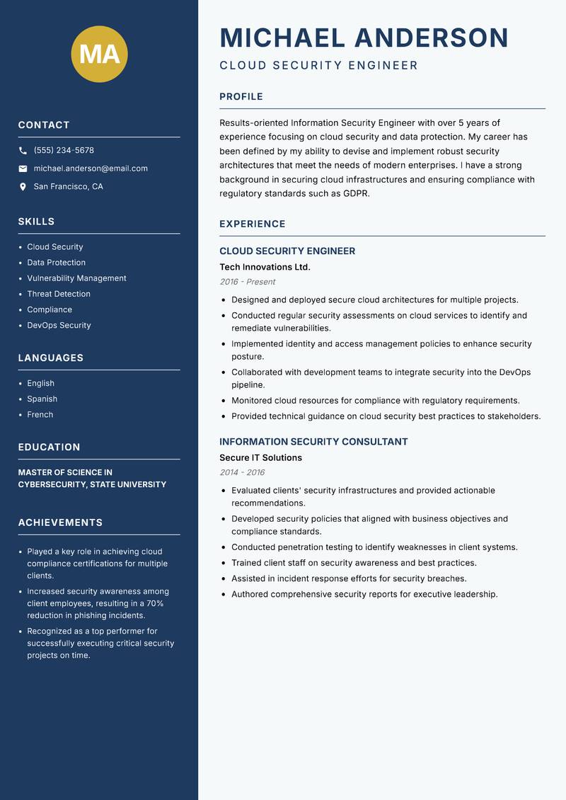 Information Security Engineer Resume Preview Example