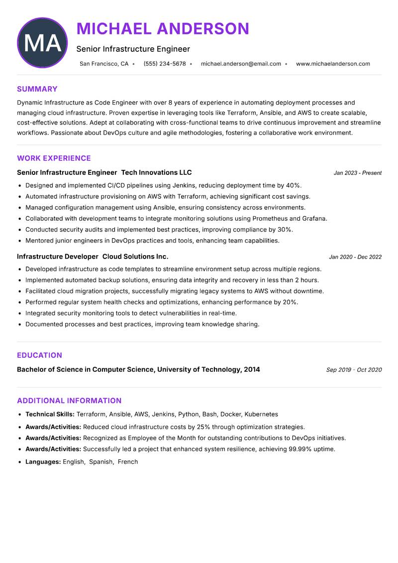 Infrastructure as Code Engineer Resume Preview Example
