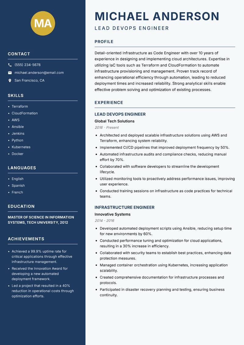 Infrastructure as Code Engineer Resume Preview Example