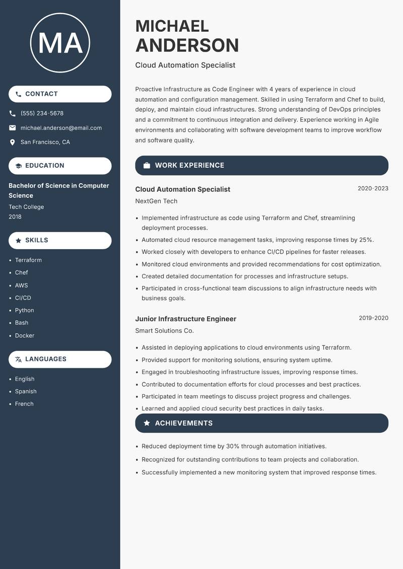 Infrastructure as Code Engineer Resume Preview Example