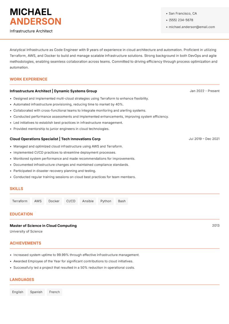 Infrastructure as Code Engineer Resume Template