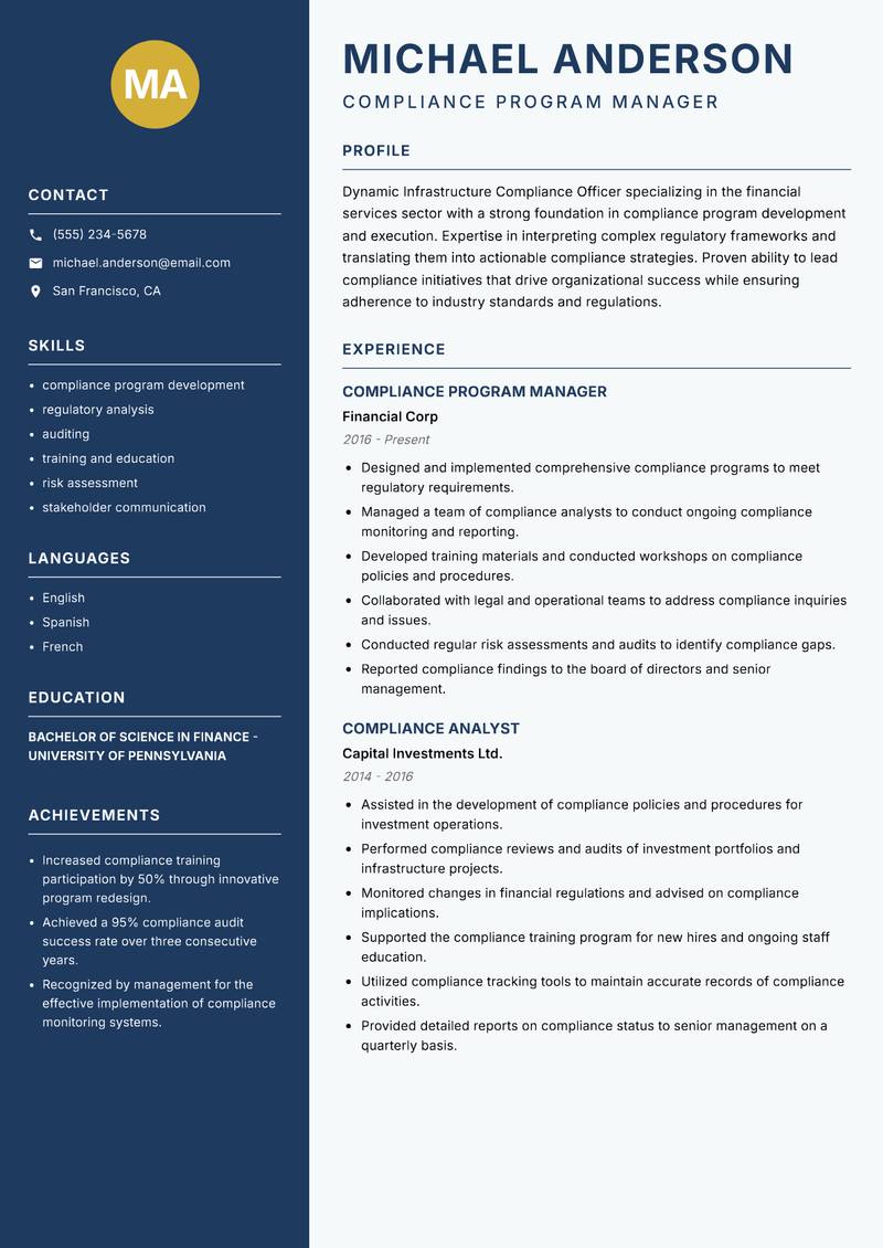 Infrastructure Compliance Officer Resume Preview Example