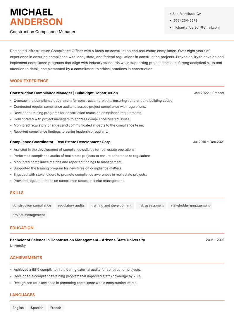 Infrastructure Compliance Officer Resume Template