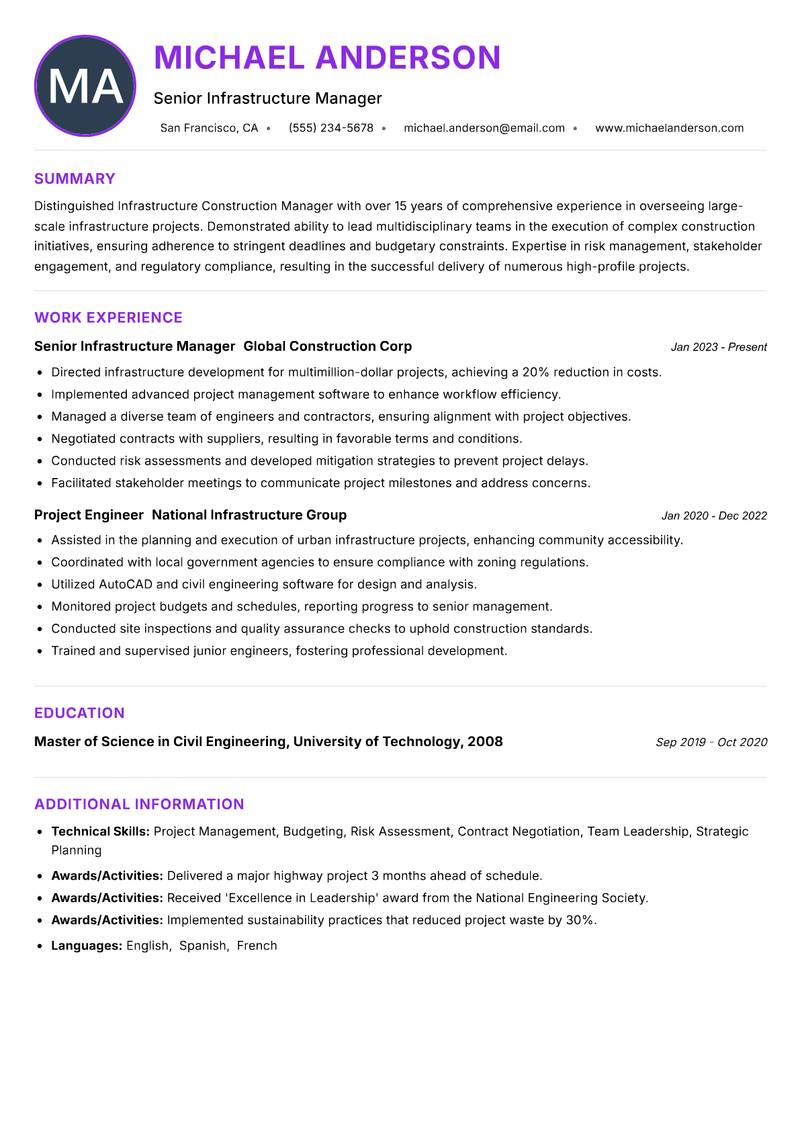 Infrastructure Construction Manager Resume Preview Example