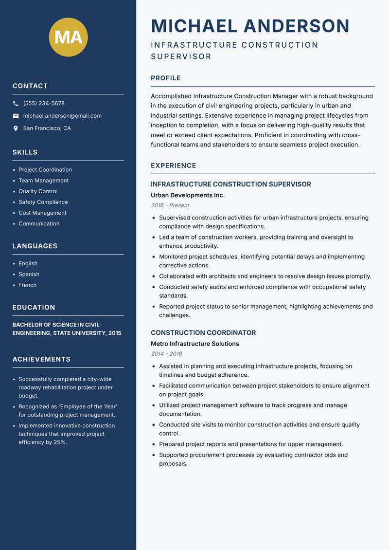 Infrastructure Construction Manager Resume Preview Example