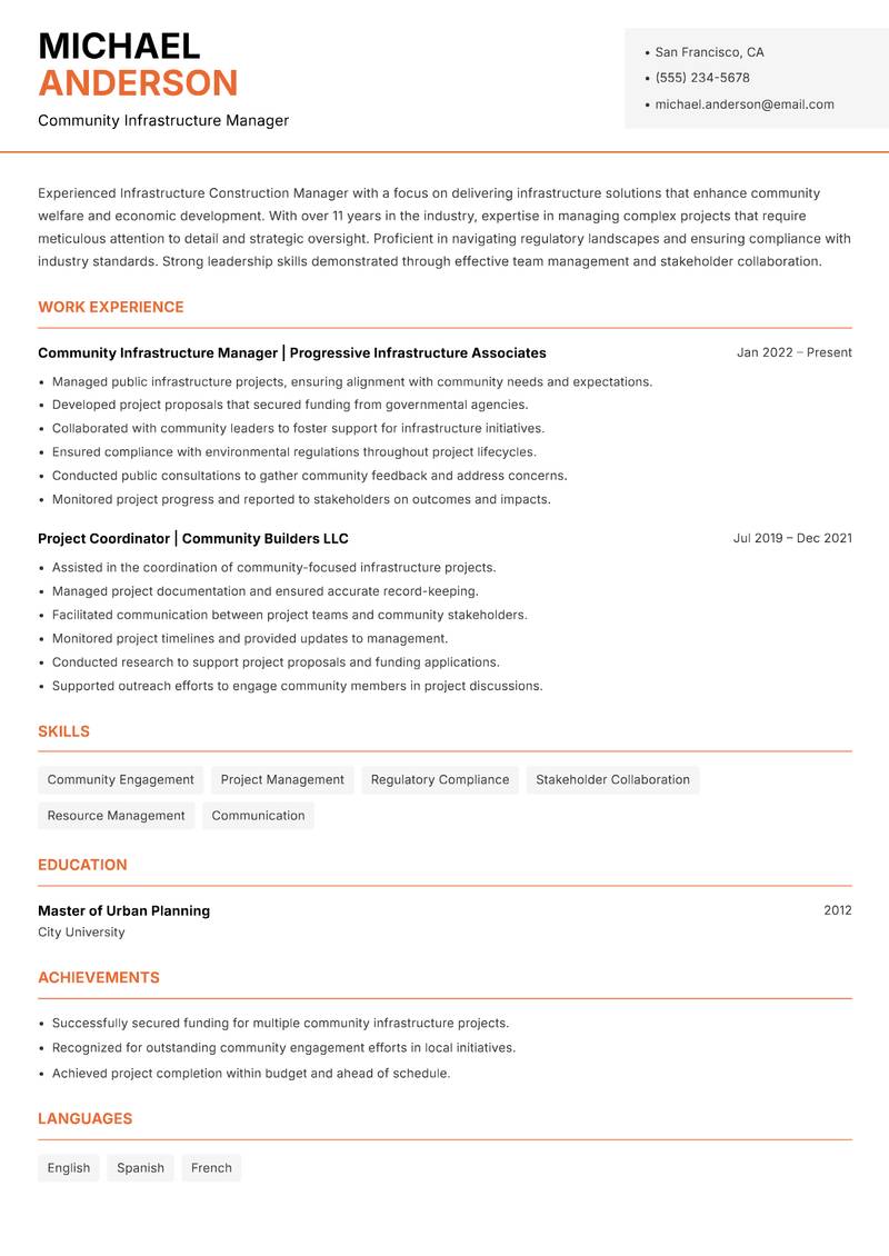 Infrastructure Construction Manager Resume Template